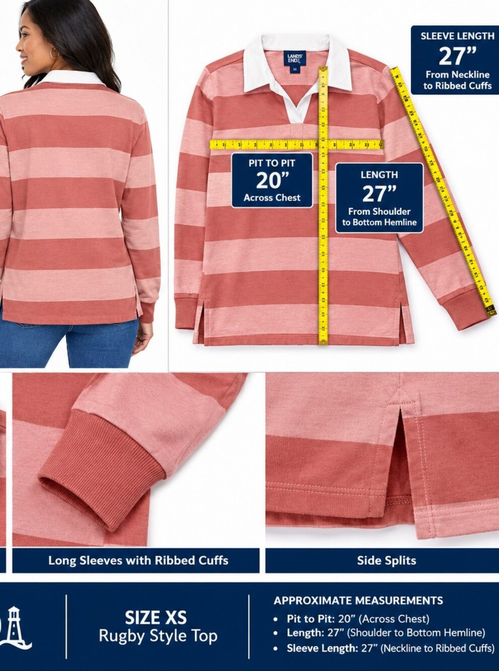 Lands' End Striped Rugby Polo - Dusty Rose & Blush - Picture 3 of 7